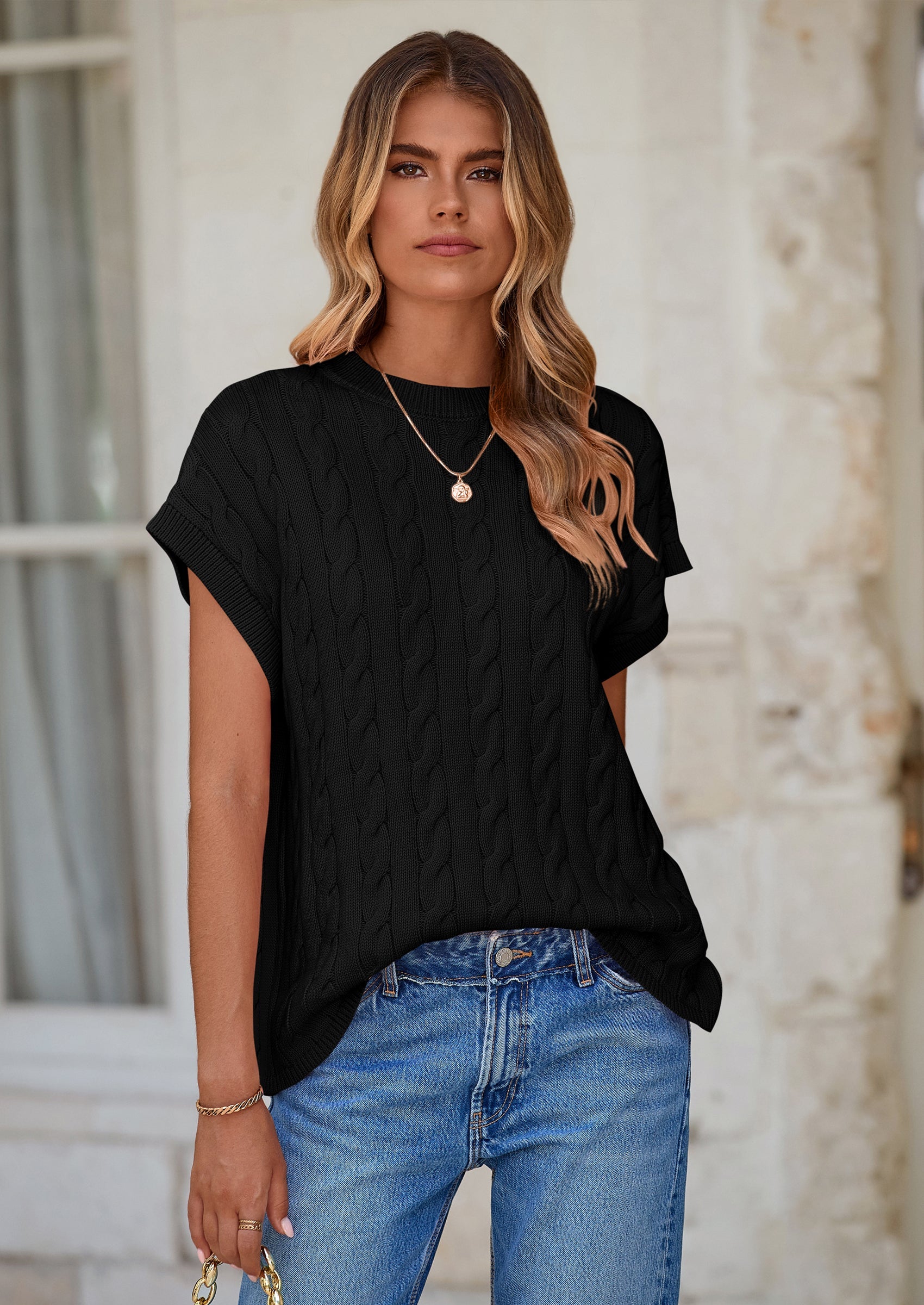 PRETTYGARDEN Women's Sweater Vest Summer Short Sleeve Tops Casual Crewneck Knit Oversized Pullover Trendy Spring Outfits PRETTYGARDEN