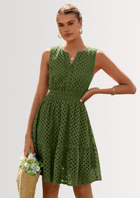 PRETTYGARDEN Women's Summer Dresses Sleeveless V Neck Eyelet Hollow Out Swing A Line Beach Vacation Sun Dress