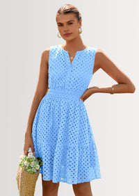 PRETTYGARDEN Women's Summer Dresses Sleeveless V Neck Eyelet Hollow Out Swing A Line Beach Vacation Sun Dress