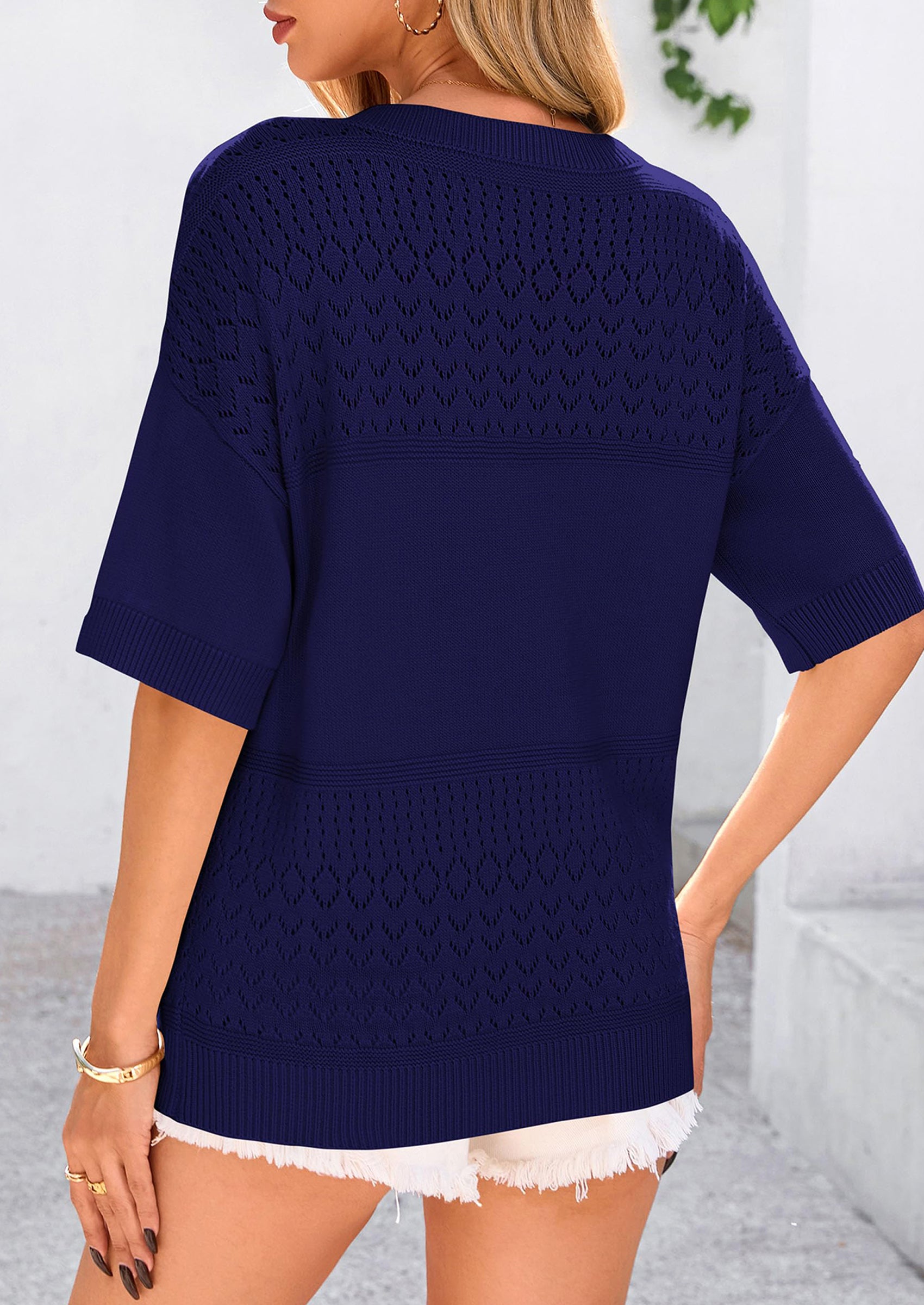 PRETTYGARDEN Women's Short Sleeve Sweater Tops Spring Summer Casual V Neck Ribbed Knit Trendy Eyelet Blouse T Shirts