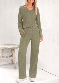PRETTYGARDEN Women's 2 Piece Lounge Sets Ribbed Knit Long Sleeve V Neck Pullover Tops Wide Leg Pants Spring Fall Outfits