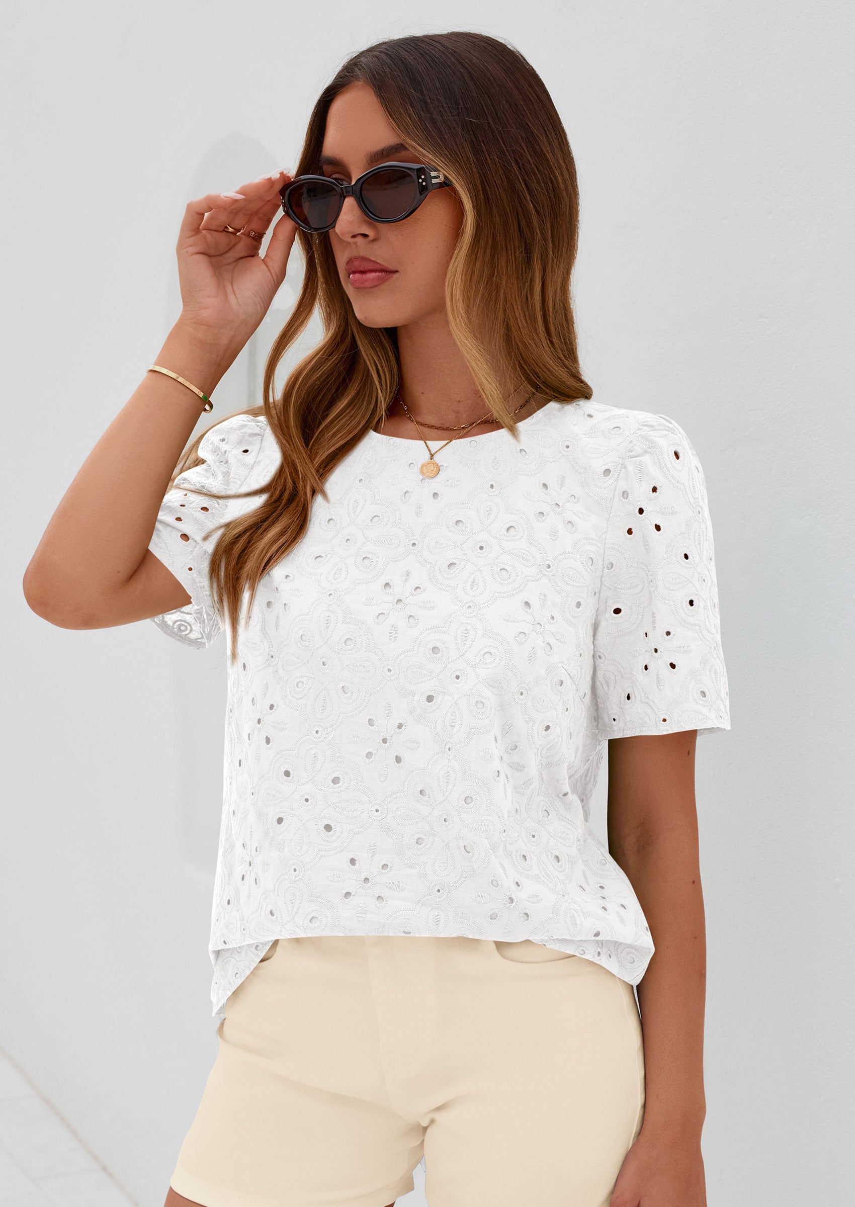 PRETTYGARDEN Women's Puff Short Sleeve Eyelet Shirts Summer Lace Blouses Dressy Casual Work Tops Spring Teacher Clothes PRETTYGARDEN