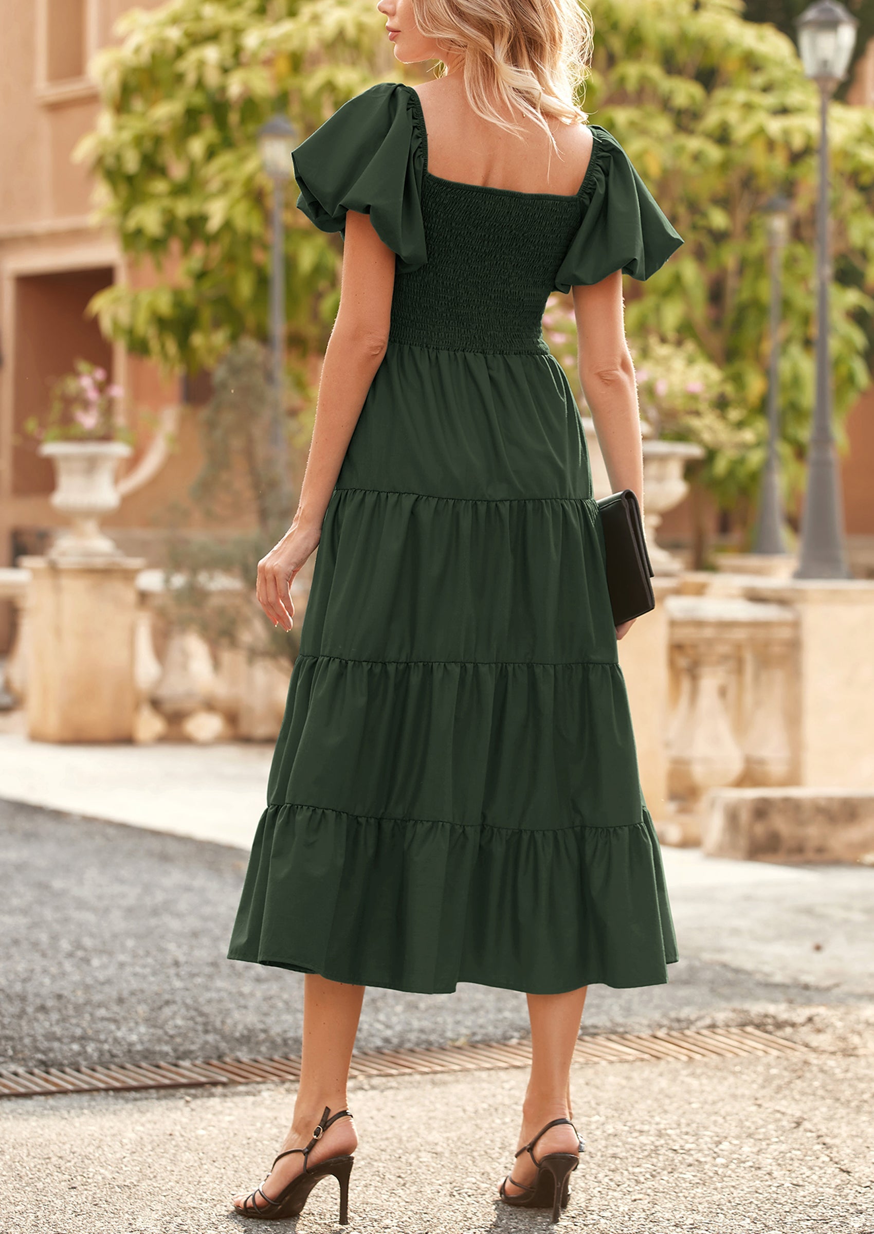PRETTYGARDEN Women's Summer Casual Midi Dress Puffy Short Sleeve Squar