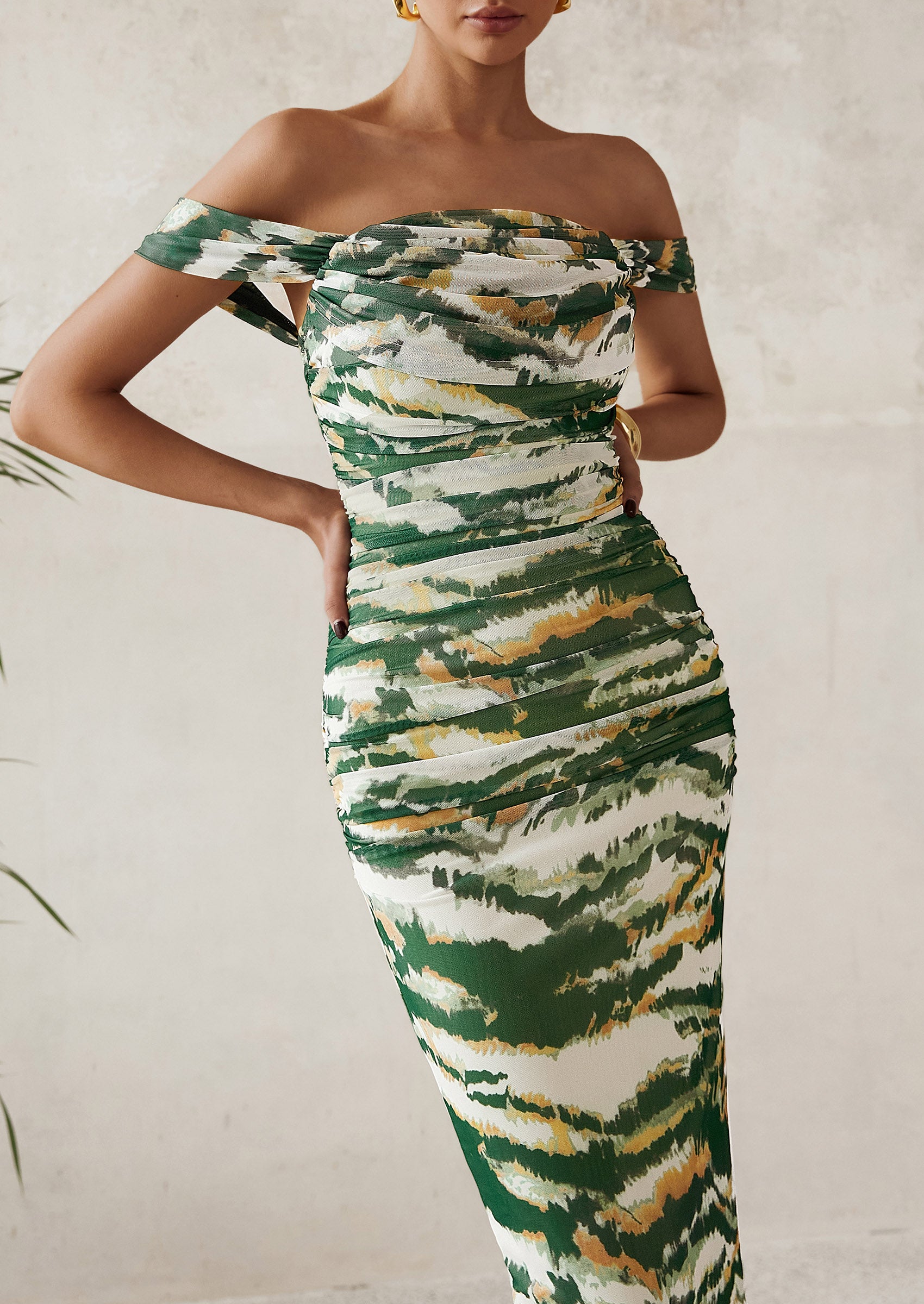 PRETTYGARDEN Maxi Dresses for Women Summer Elegant Floral Off Shoulder Ruched Mesh Cocktail Wedding Guest Dress