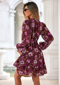 PRETTYGARDEN Women's Fall Boho Dresses Floral Long Sleeve V Neck Mini Flowy Wedding Guest Dress Trendy Vacation Outfits