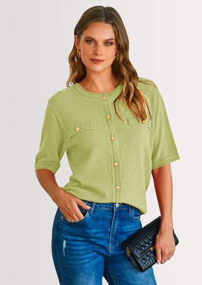 PRETTYGARDEN Women's Summer Button Down Shirts Casual Short Sleeve Crew Neck Ribbed Knit Blouse Top Cardigans