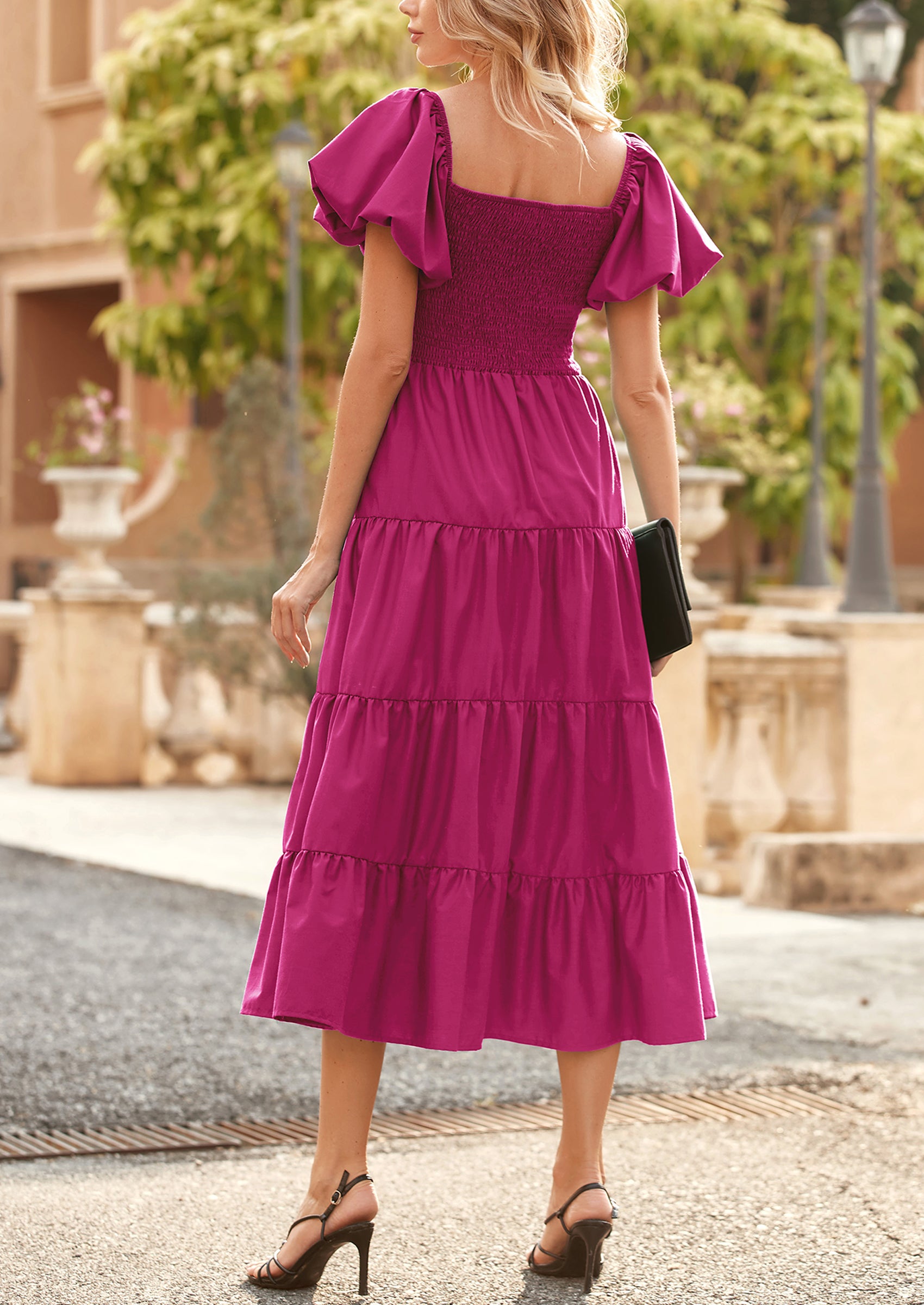 PRETTYGARDEN Women's Summer Casual Midi Dress Puffy Short Sleeve Square Neck Smocked Tiered Ruffle Dresses