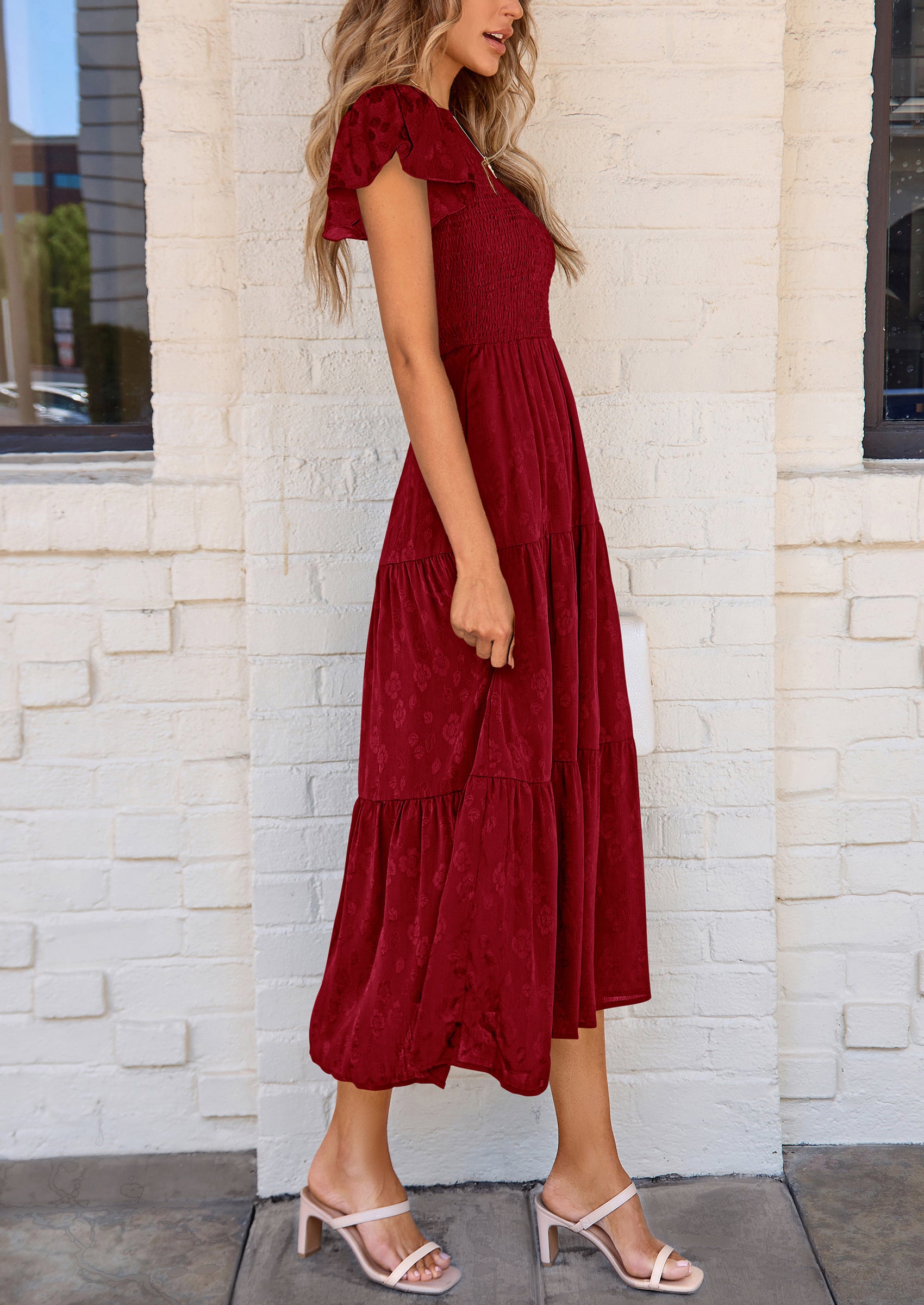 PRETTYGARDEN Midi Dress for Women Summer Floral Cap Sleeve Smocked Ruffle A Line Long Flowy Wedding Guest Dresses