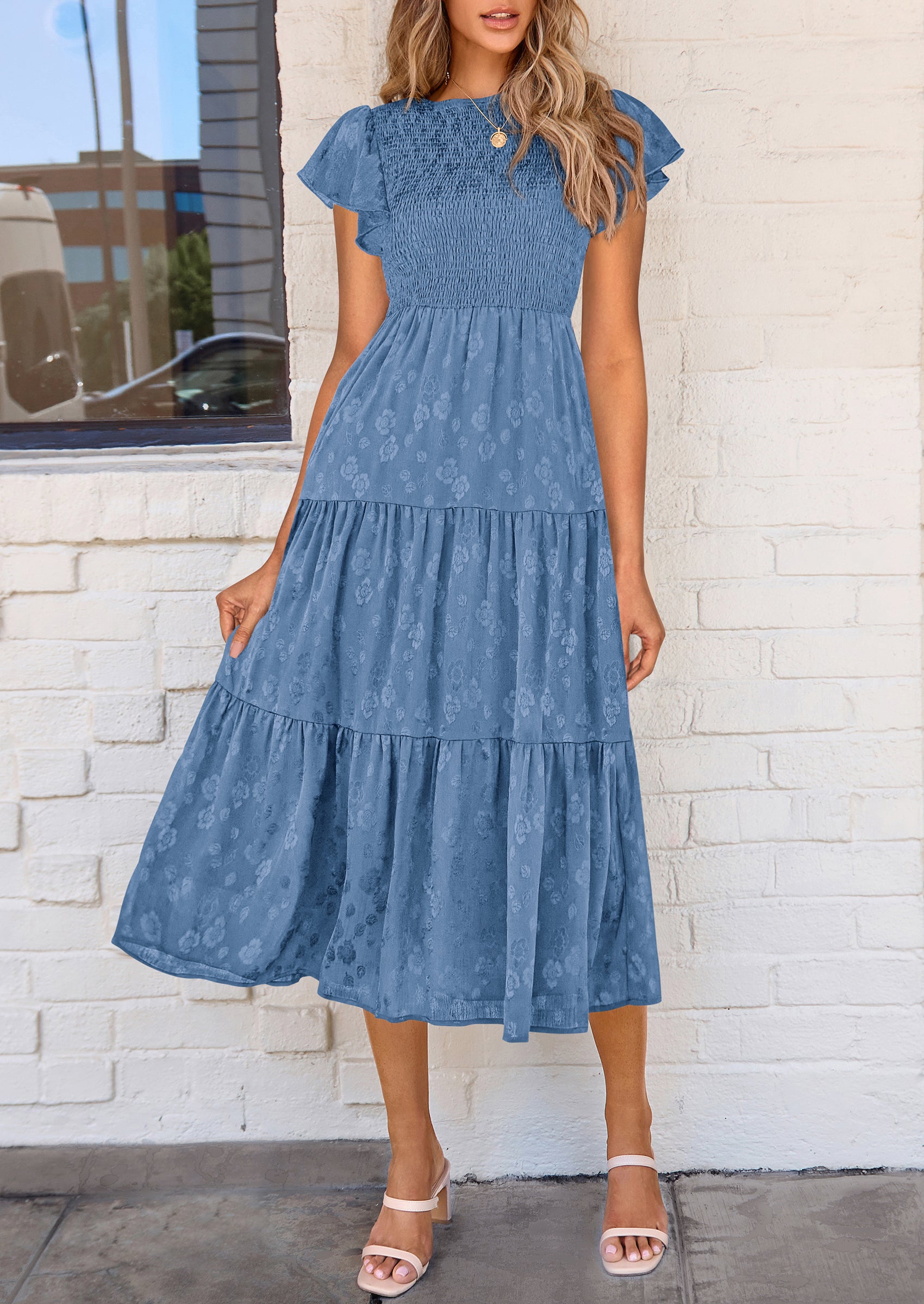 PRETTYGARDEN Midi Dress for Women Summer Floral Cap Sleeve Smocked Ruffle A Line Long Flowy Wedding Guest Dresses