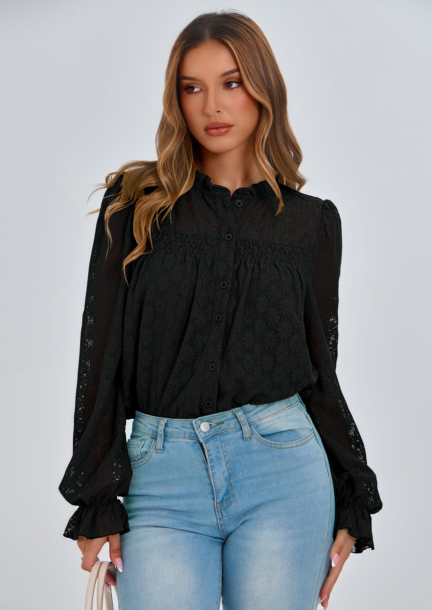 PRETTYGARDEN Lace Long Sleeve Tops for Women Eyelet Blouses Dressy Casual Hollow Out Button Down Shirts Summer Outfits