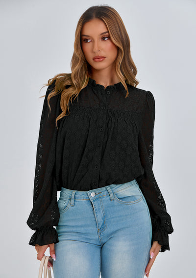 PRETTYGARDEN Lace Long Sleeve Tops for Women Eyelet Blouses Dressy Casual Hollow Out Button Down Shirts Summer Outfits