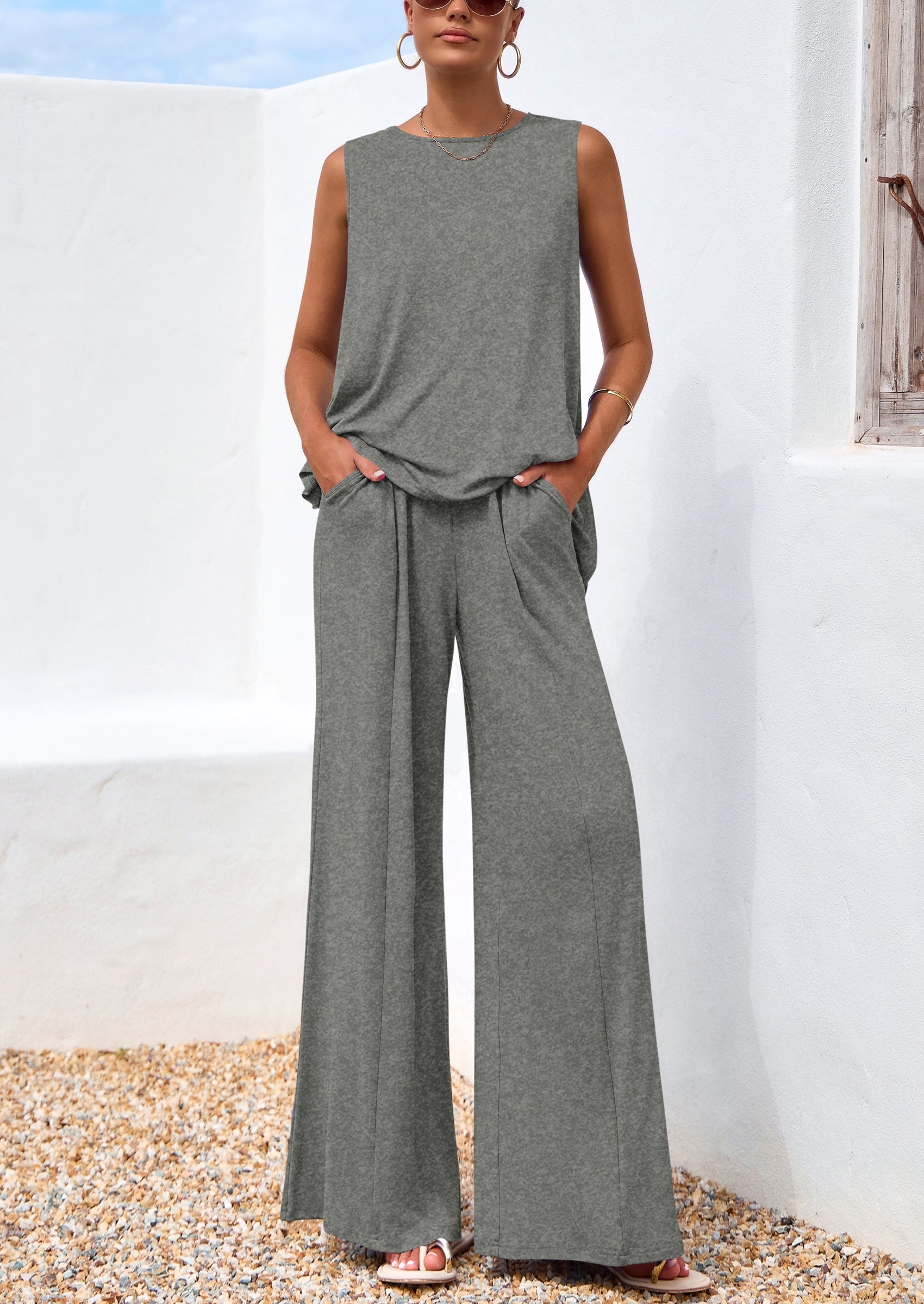 PRETTYGARDEN Women's Two Piece Matching Lounge Sets Asymmetrical Split Tank Tops Wide Leg Pants Summer Outfits Tracksuit