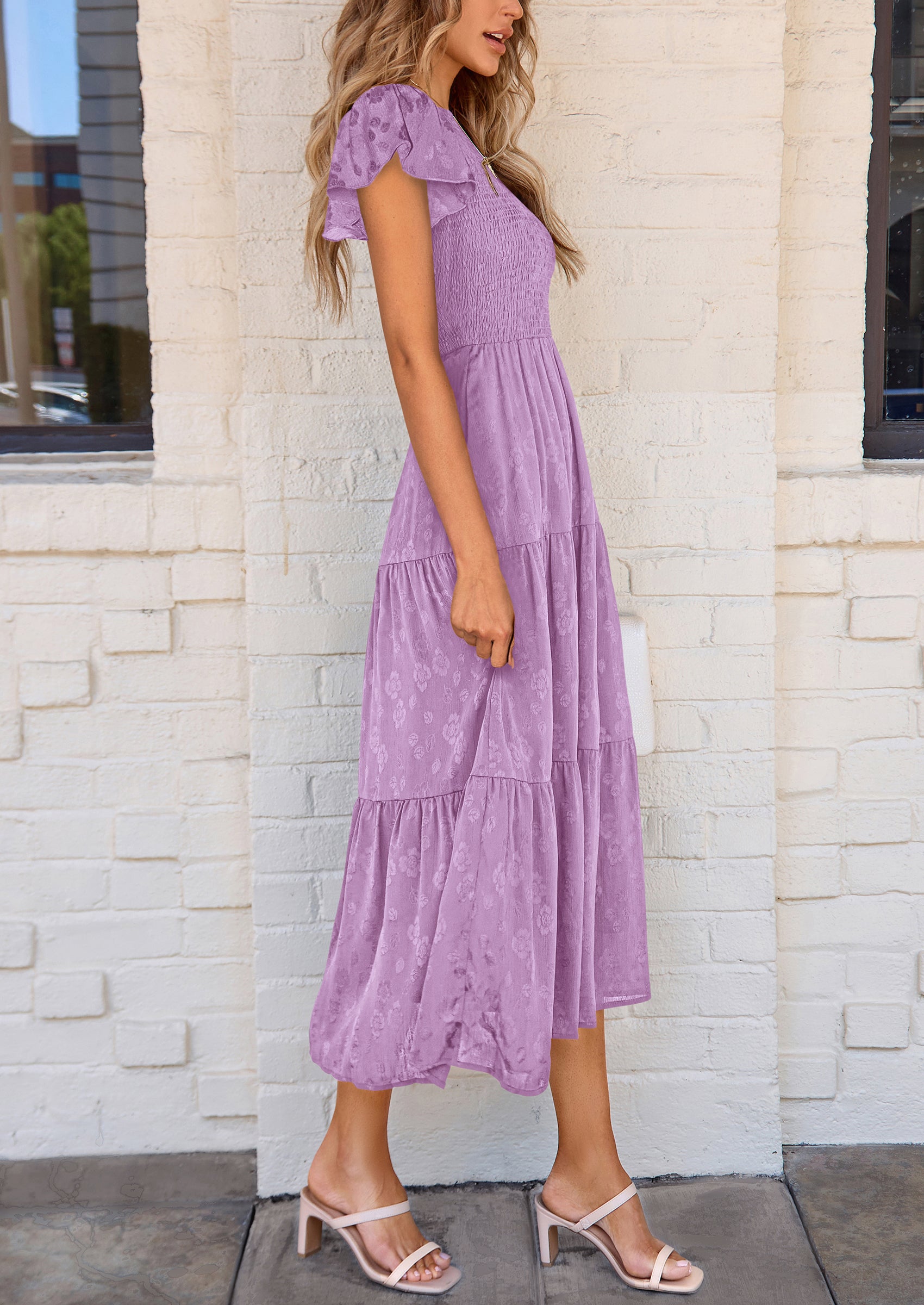 PRETTYGARDEN Midi Dress for Women Summer Floral Cap Sleeve Smocked Ruffle A Line Long Flowy Wedding Guest Dresses