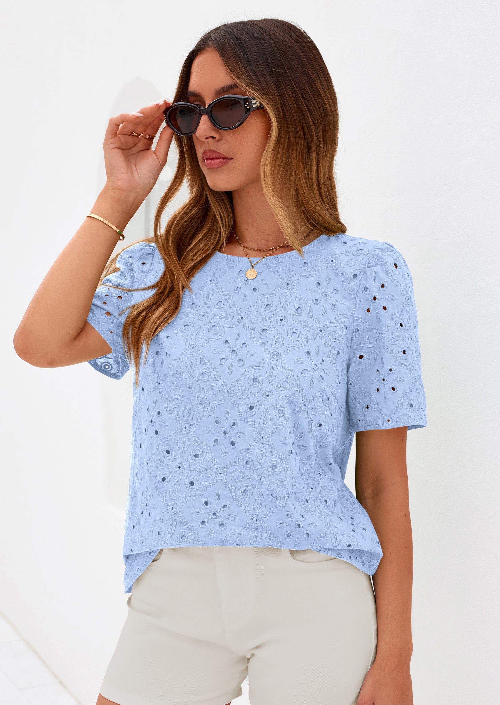 PRETTYGARDEN Women's Puff Short Sleeve Eyelet Shirts Summer Lace Blouses Dressy Casual Work Tops Spring Teacher Clothes PRETTYGARDEN