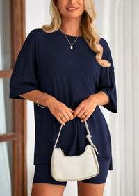 PRETTYGARDEN Women's Two Piece Lounge Set Summer Casual Oversized Shirts Biker Shorts Matching Airport Travel Outfit