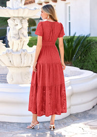 PRETTYGARDEN Womens Boho Maxi Dress Floral Summer Spring Short Sleeve V Neck A Line Embroidered Beach Vacation Dresses