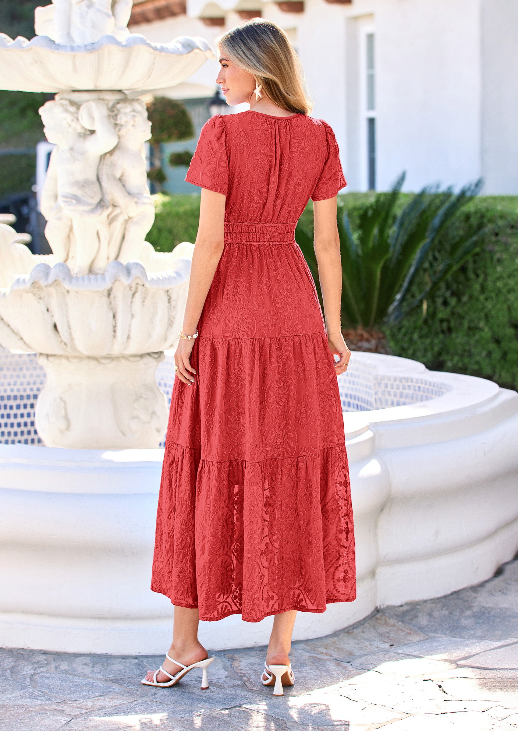 PRETTYGARDEN Womens Boho Maxi Dress Floral Summer Spring Short Sleeve V Neck A Line Embroidered Beach Vacation Dresses