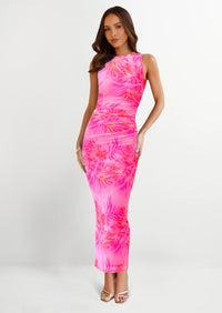 PRETTYGARDEN Wedding Guest Dresses for Women Spring Floral Bodycon Sleeveless Mesh Maxi Long Dress