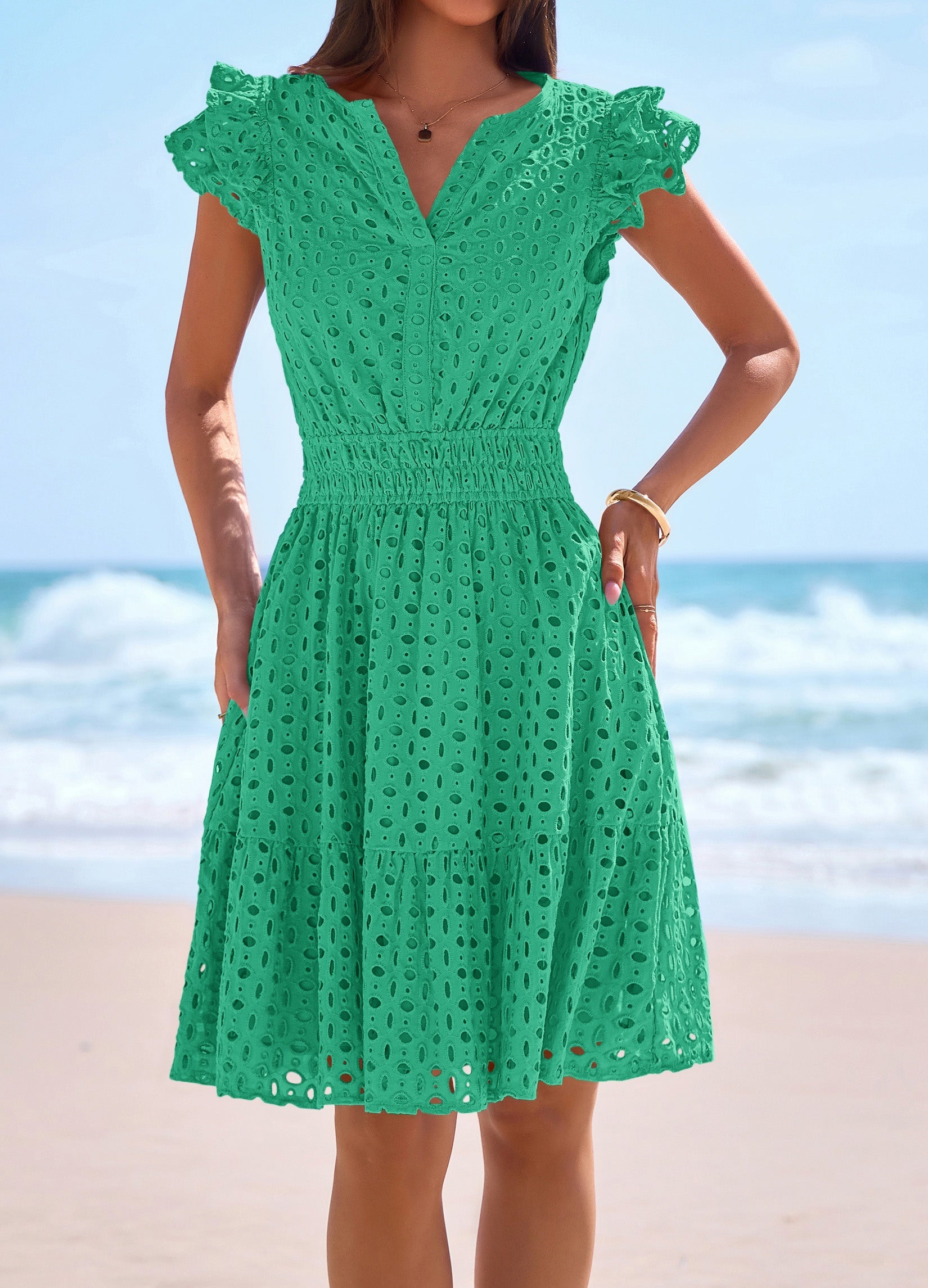 PRETTYGARDEN Women's Summer Sundresses Eyelet Cap Sleeve V Neck Short Boho Wedding Guest Dress Beach Vacation Clothes PRETTYGARDEN