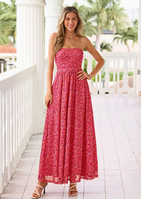 PRETTYGARDEN Womens Boho Maxi Dress Summer Floral Tube Strapless Spring Wedding Guest Cocktail Long Dresses