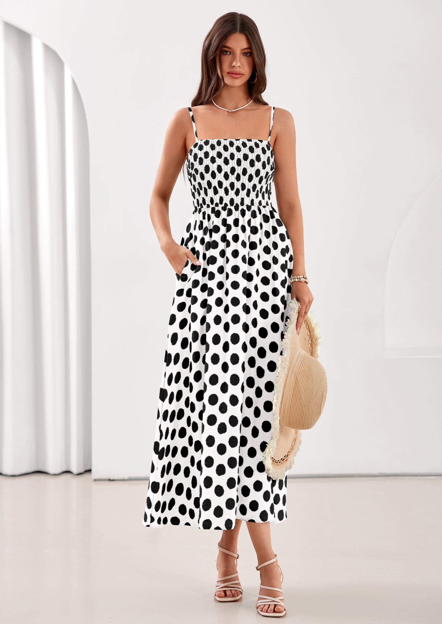 PRETTYGARDEN Womens Summer Dresses Spring Sleeveless Spaghetti Straps Casual Midi Dress Polka Dot Smocked Beach Sundress PRETTYGARDEN