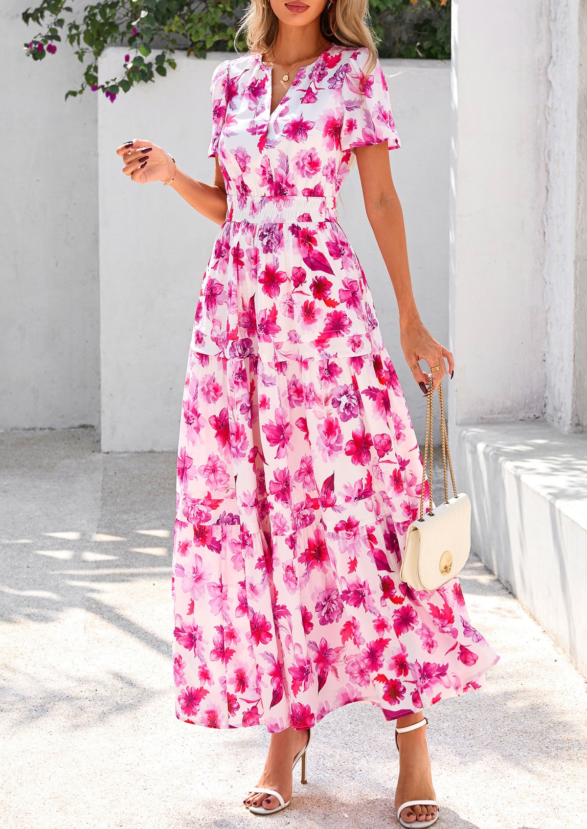 Summer Boho Floral Short Sleeve V Neck A Line Tiered Ruffle Flowy Long Beach Vacation Maxi Dresses