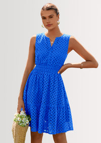 PRETTYGARDEN Women's Summer Dresses Sleeveless V Neck Eyelet Hollow Out Swing A Line Beach Vacation Sun Dress