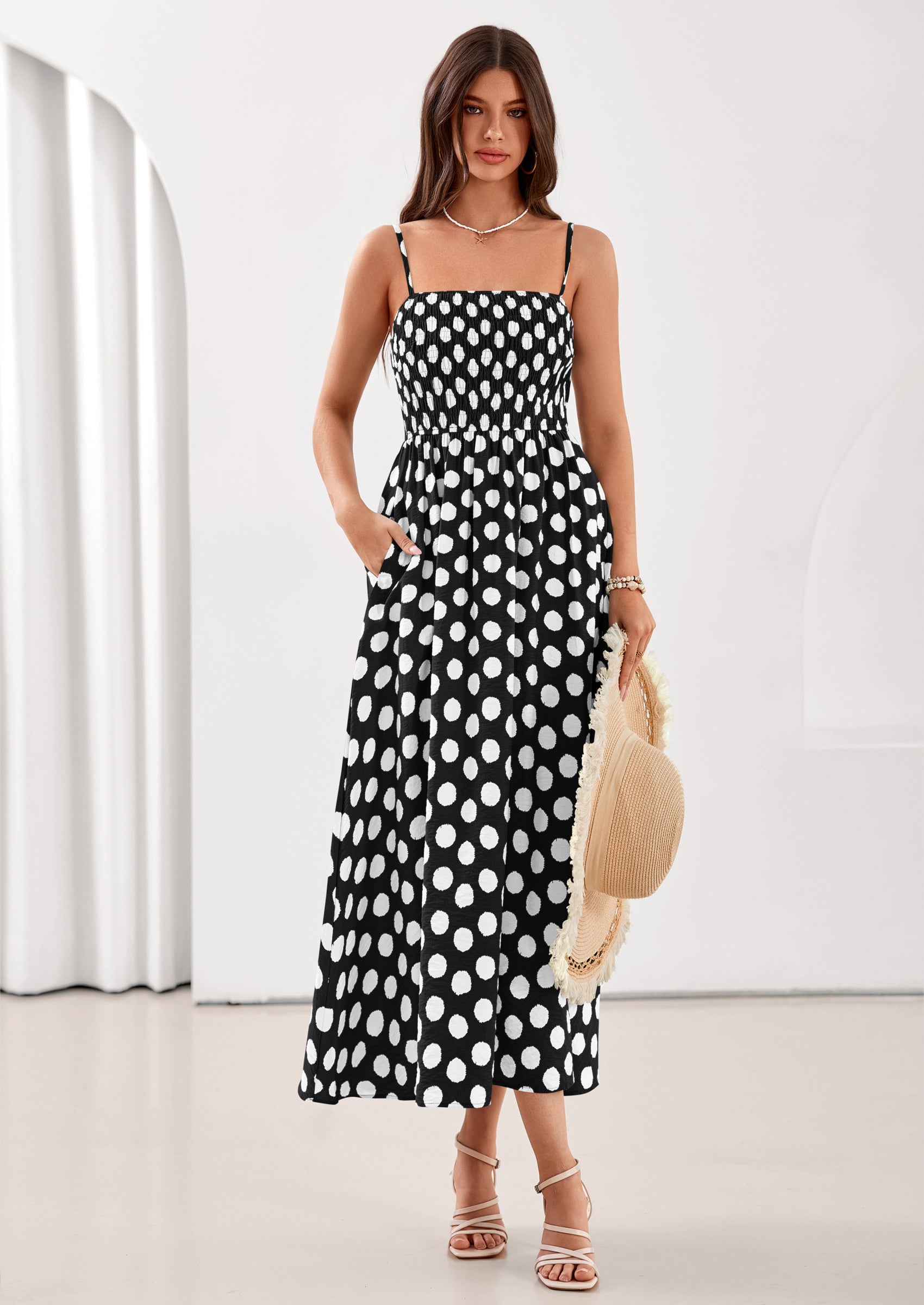 PRETTYGARDEN Womens Summer Dresses Spring Sleeveless Spaghetti Straps Casual Midi Dress Polka Dot Smocked Beach Sundress PRETTYGARDEN