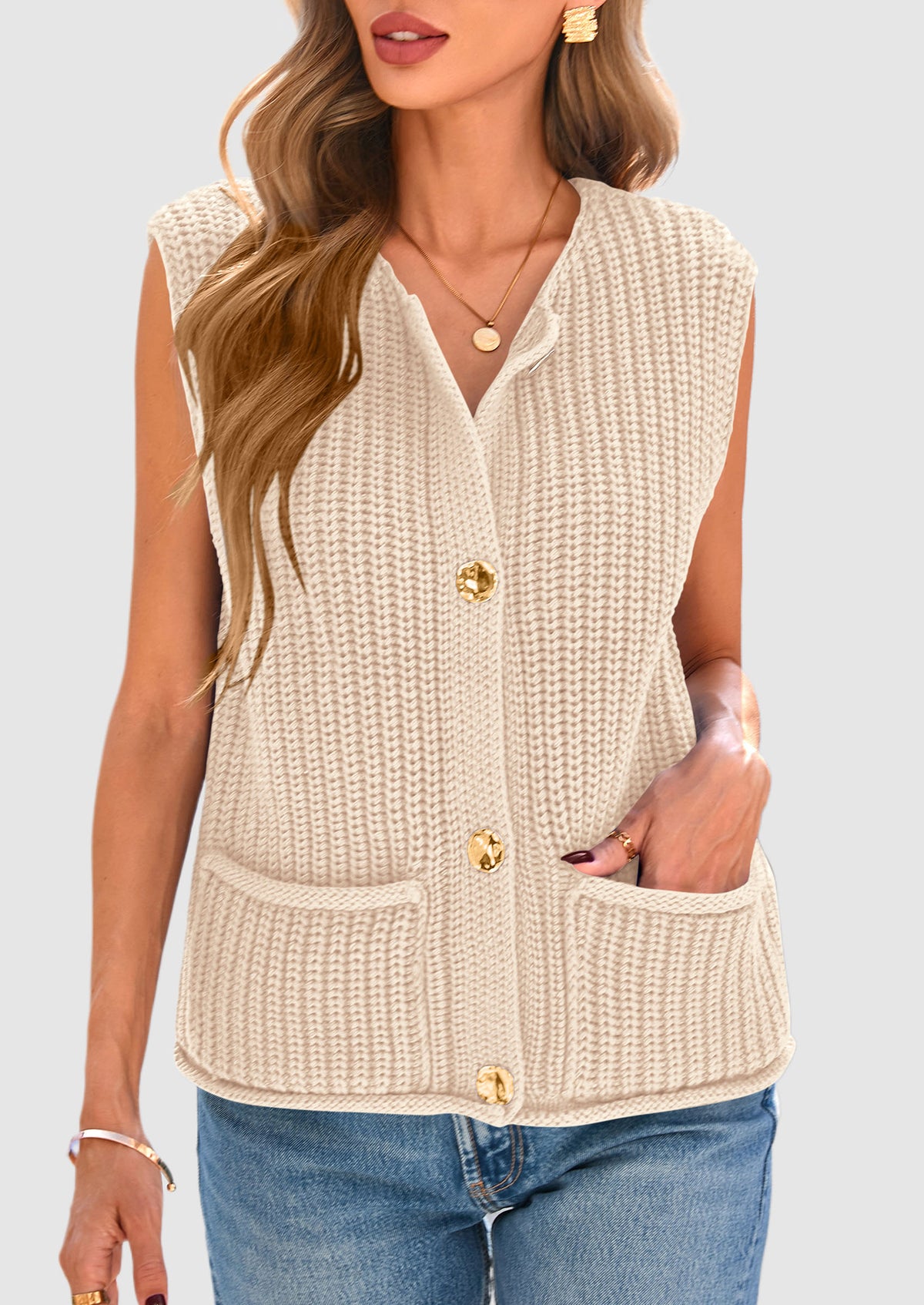 Sleeveless Button Down Cropped Chunky Knit Cardigan Trendy Tank Tops with Pockets