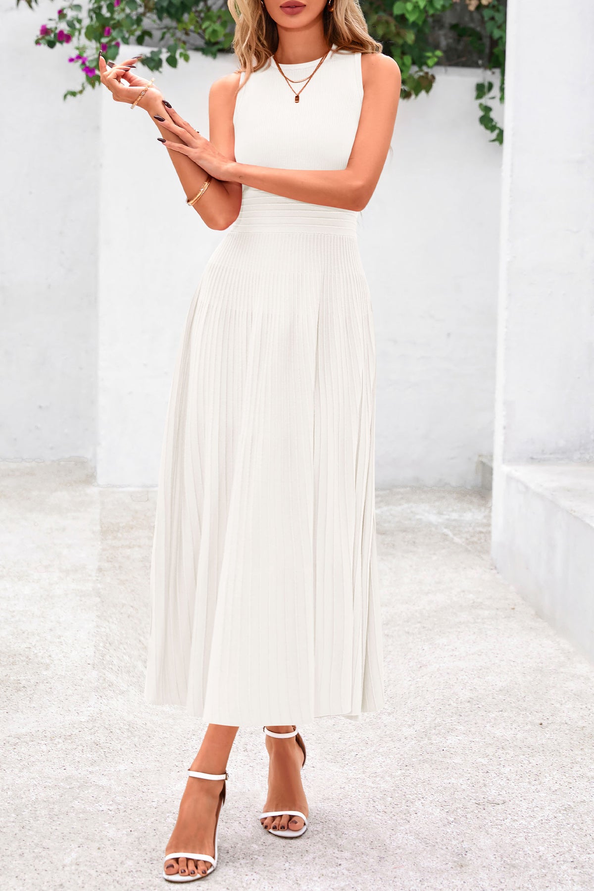 Women's Summer Midi Dresses 2025 Sleeveless Crewneck Knit A Line Pleated Swing Wedding Guest Casual Tank Dress