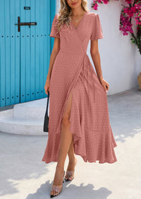 PRETTYGARDEN Women's Summer Maxi Dress Casual Wrap Floral Boho Short Sleeve V Neck Split Ruffle Beach Long Dresses