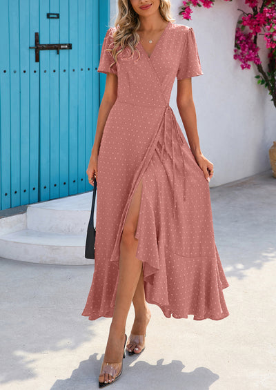 PRETTYGARDEN Women's Summer Maxi Dress Casual Wrap Floral Boho Short Sleeve V Neck Split Ruffle Beach Long Dresses