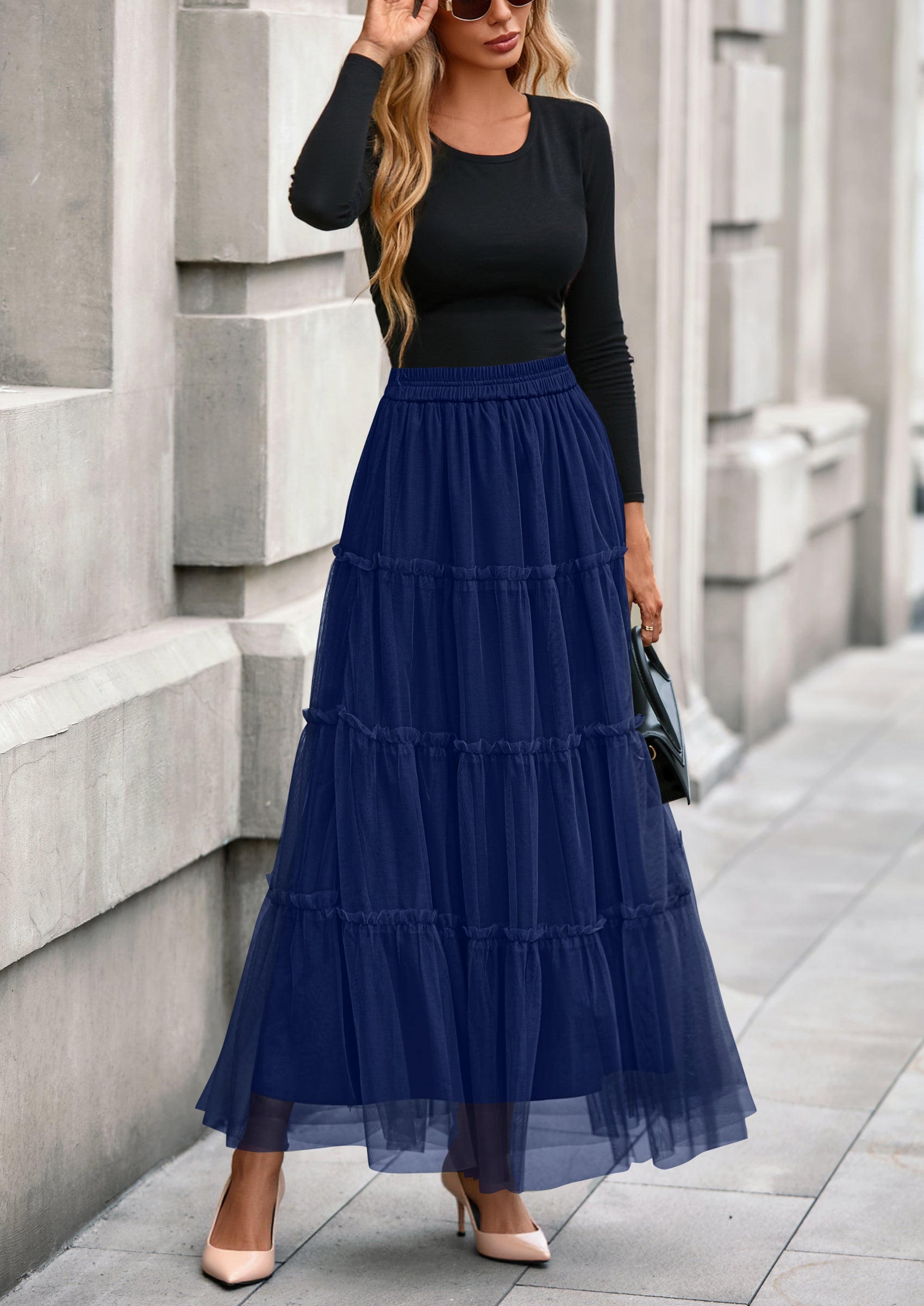 PRETTYGARDEN Maxi Skirts for Women Fall Tulle High Waisted Ruffle Flow