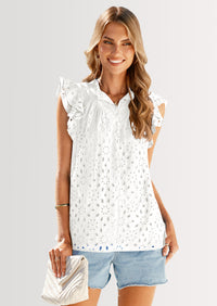 PRETTYGARDEN Womens Summer Tops 2025 Dressy Casual Ruffle Cap Sleeve Button V Neck Embroidered Eyelet Blouses Shirts