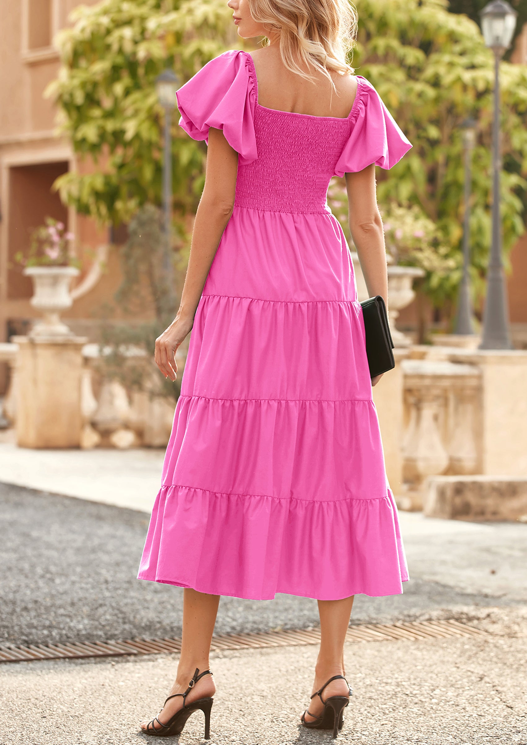 PRETTYGARDEN Women's Summer Casual Midi Dress Puffy Short Sleeve Square Neck Smocked Tiered Ruffle Dresses