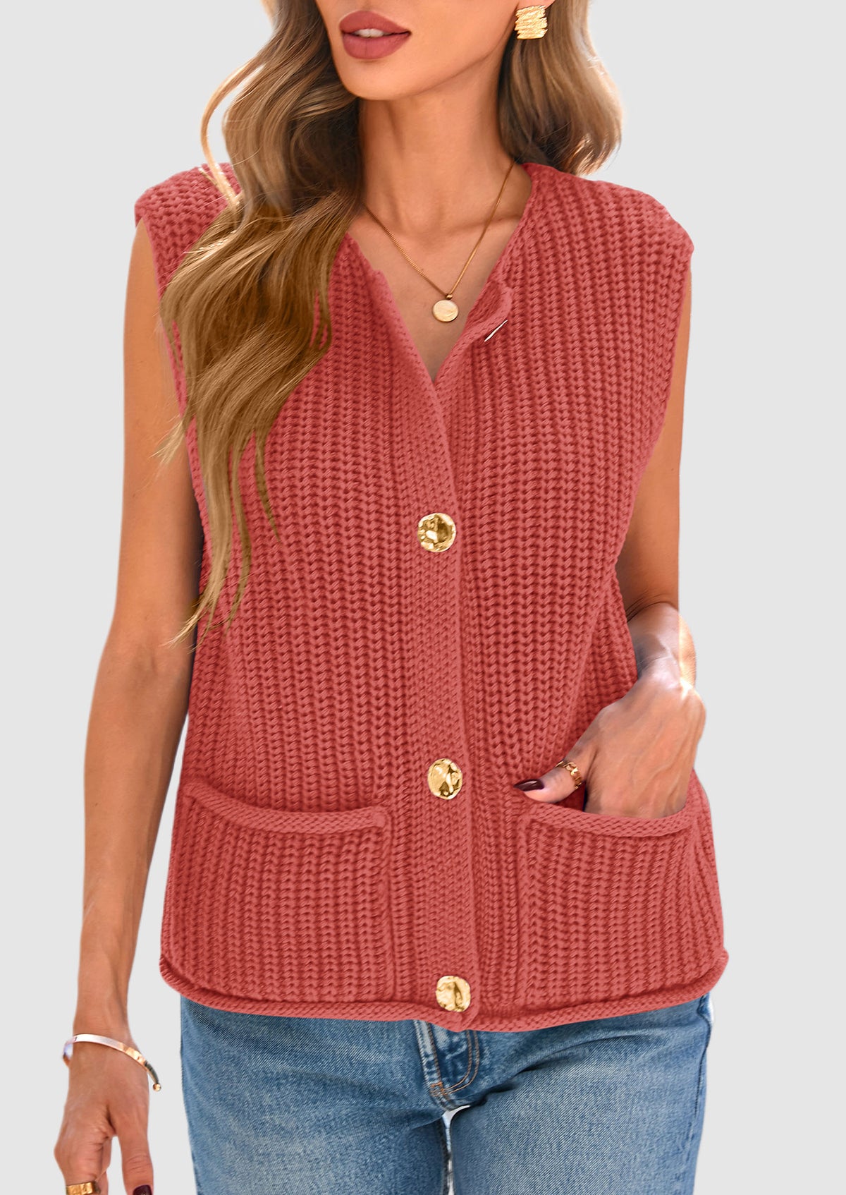 Sleeveless Button Down Cropped Chunky Knit Cardigan Trendy Tank Tops with Pockets