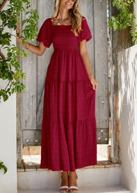 PRETTYGARDEN Womens Summer Puff Short Sleeve Maxi Dress Square Neck Smocked Tiered Ruffle A Line Long Flowy Beach Dresses