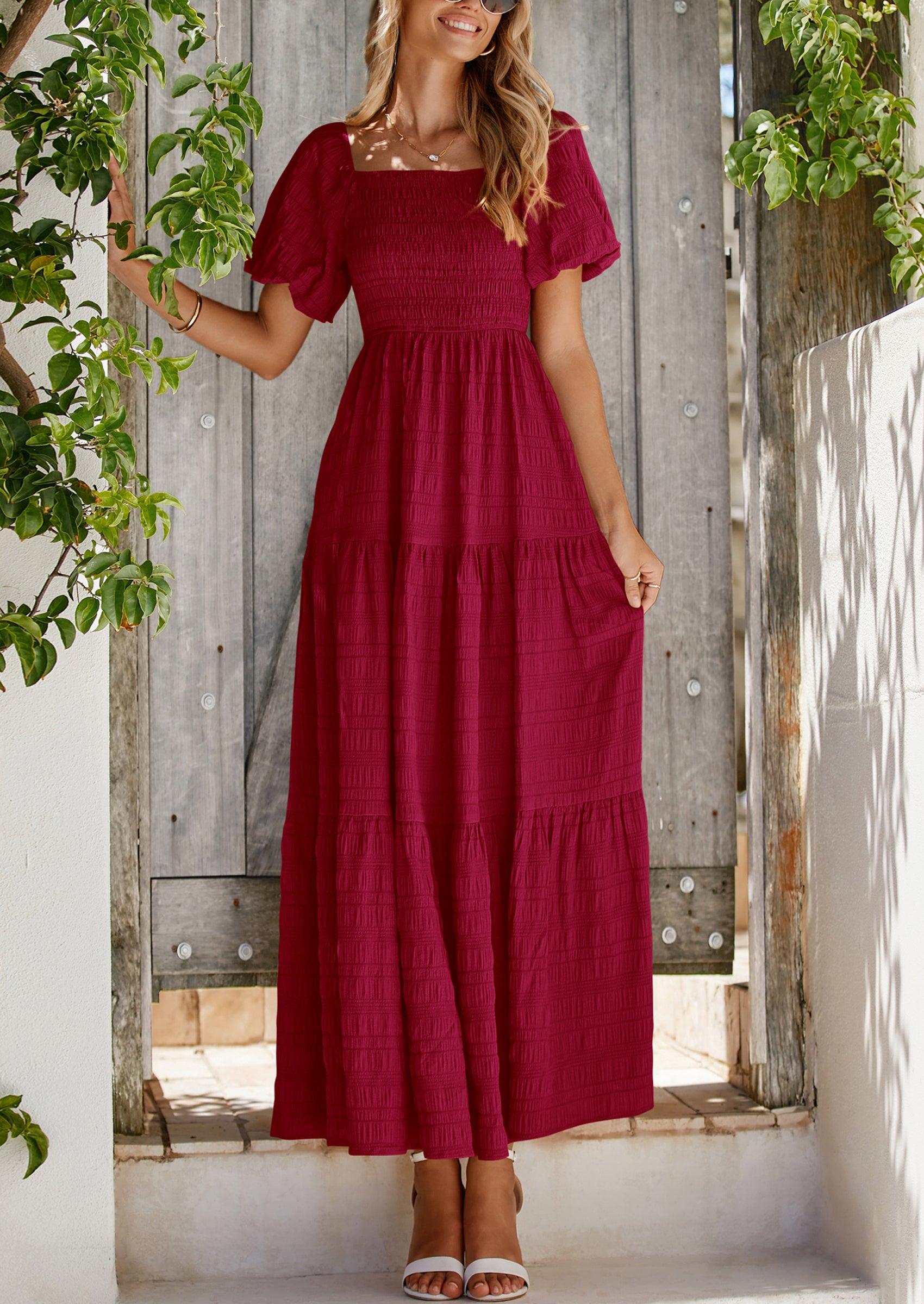 PRETTYGARDEN Womens Summer Puff Short Sleeve Maxi Dress Square Neck Smocked Tiered Ruffle A Line Long Flowy Beach Dresses