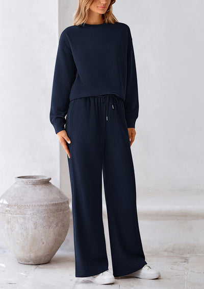 PRETTYGARDEN 2 Piece Long Sleeve Pullover Tops and Wide Leg Pants Knitted Lounge Sets PRETTYGARDEN