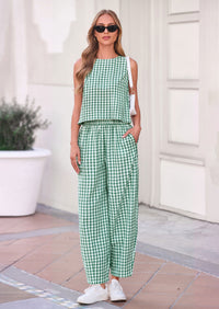 PRETTYGARDEN Womens 2 Piece Sets Summer Plaid Sleeveless Tops Wide Leg Pants Matching Lounge Set Beach Vacation Outfits