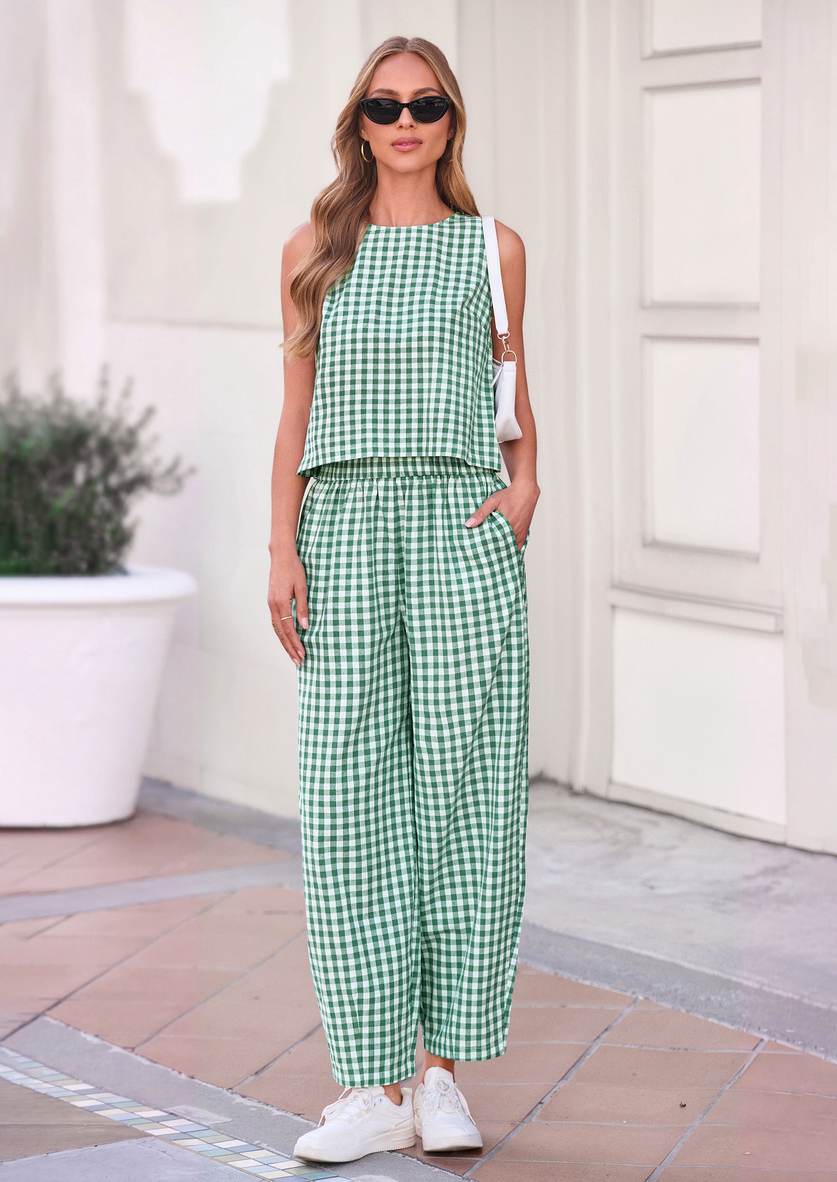 PRETTYGARDEN Womens 2 Piece Sets Summer Plaid Sleeveless Tops Wide Leg Pants Matching Lounge Set Beach Vacation Outfits