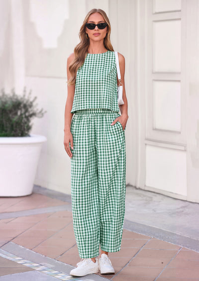 PRETTYGARDEN Womens 2 Piece Sets Summer Plaid Sleeveless Tops Wide Leg Pants Matching Lounge Set Beach Vacation Outfits