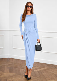 PRETTYGARDEN Women's Fall Wedding Guest Cocktail Midi Dresses Elegant Long Sleeve Bodycon Ruched Dress Fashion Clothing