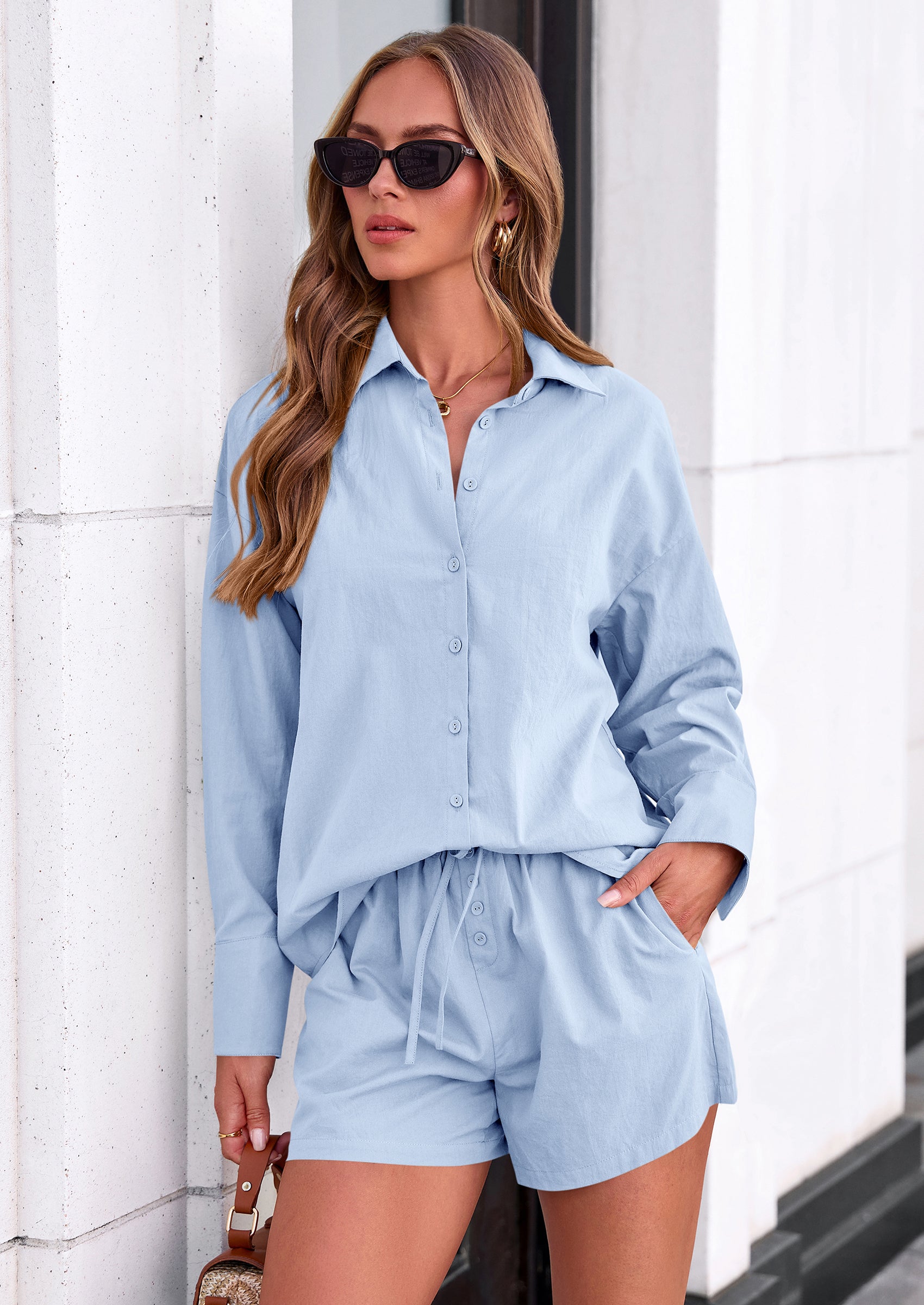 PRETTYGARDEN Women's Summer 2 Piece Matching Lounge Sets Pajamas Long Sleeve Shirts Blouse Pockets Shorts Spring Outfits