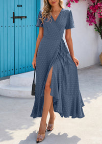 PRETTYGARDEN Women's Summer Maxi Dress Casual Wrap Floral Boho Short Sleeve V Neck Split Ruffle Beach Long Dresses