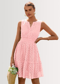 PRETTYGARDEN Women's Summer Dresses Sleeveless V Neck Eyelet Hollow Out Swing A Line Beach Vacation Sun Dress