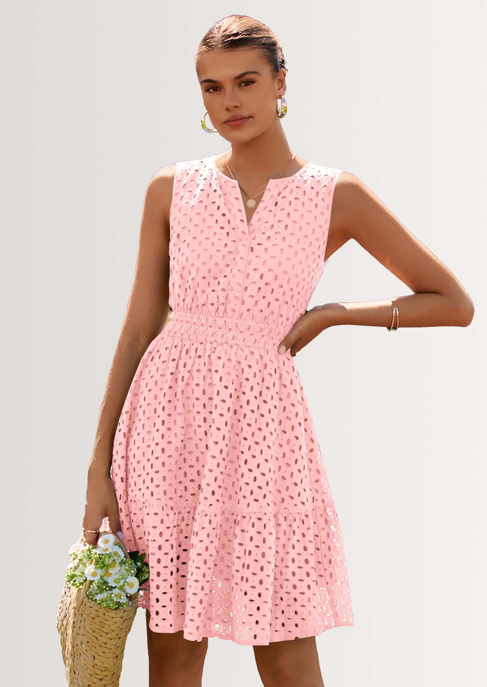 PRETTYGARDEN Women's Summer Dresses Sleeveless V Neck Eyelet Hollow Out Swing A Line Beach Vacation Sun Dress