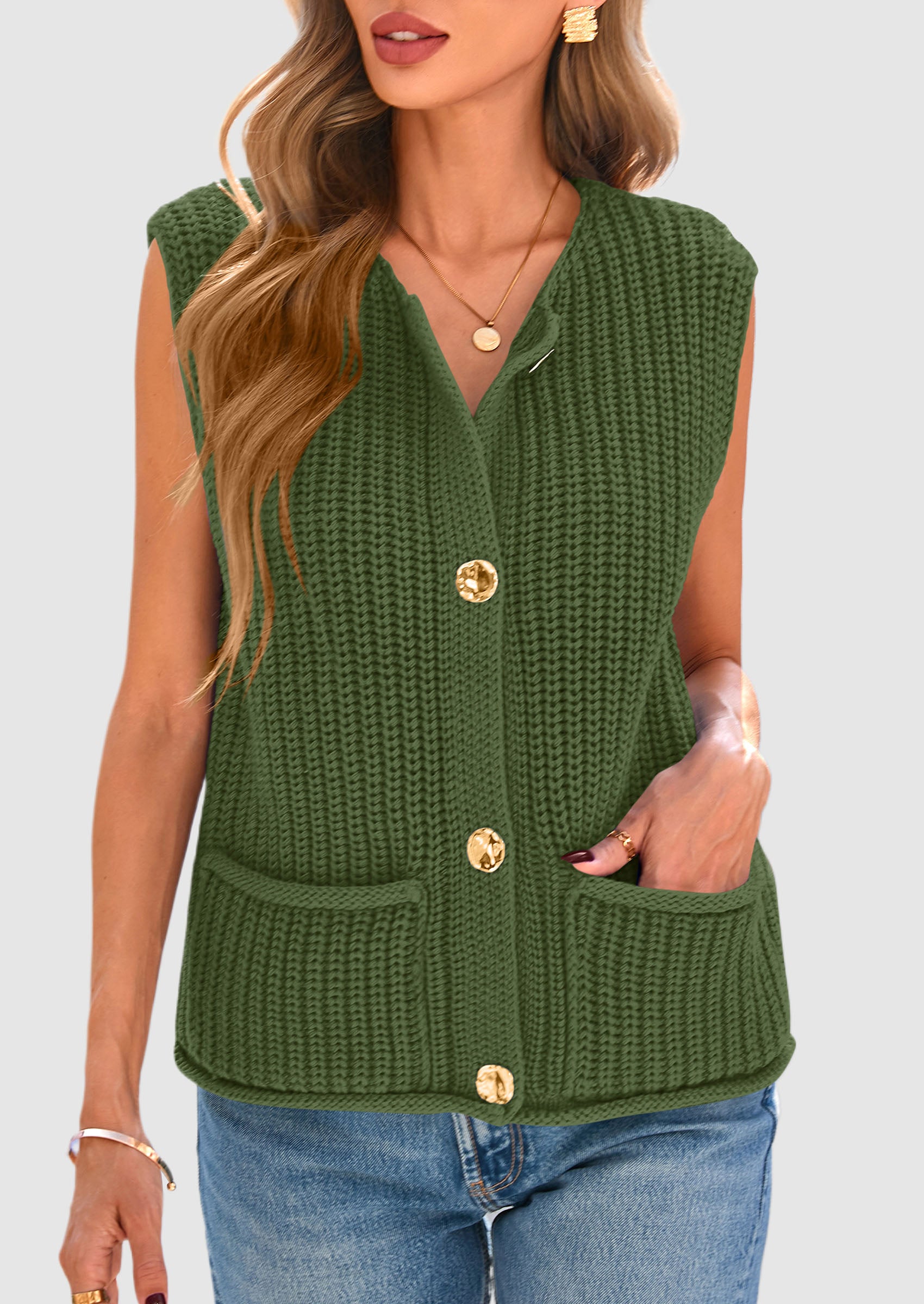 PRETTYGARDEN Women's Summer Sweaters Vest Sleeveless Button Down Cropped Pockets Chunky Knit Cardigan Trendy Tank Tops