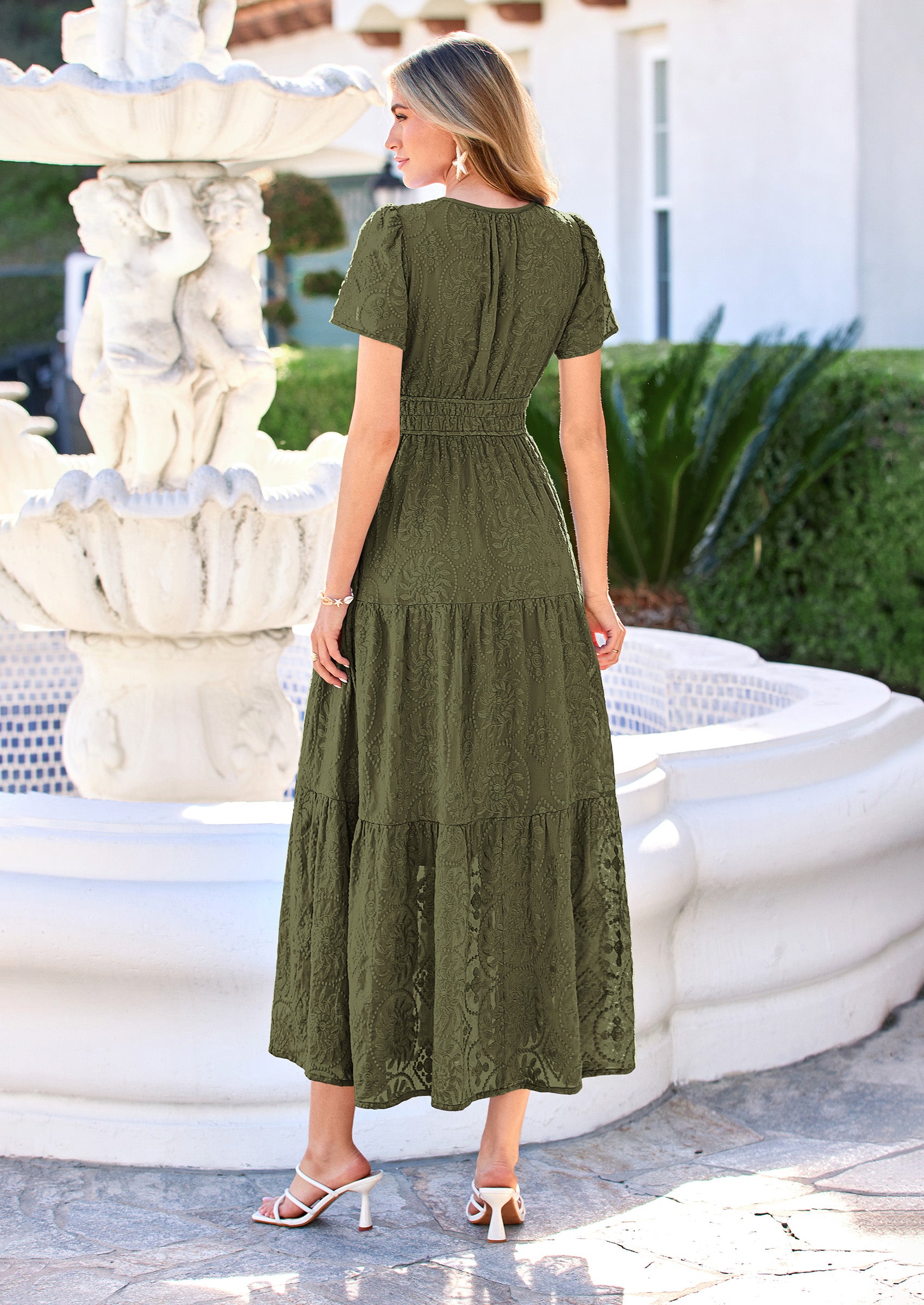 PRETTYGARDEN Womens Boho Maxi Dress Floral Summer Spring Short Sleeve V Neck A Line Embroidered Beach Vacation Dresses
