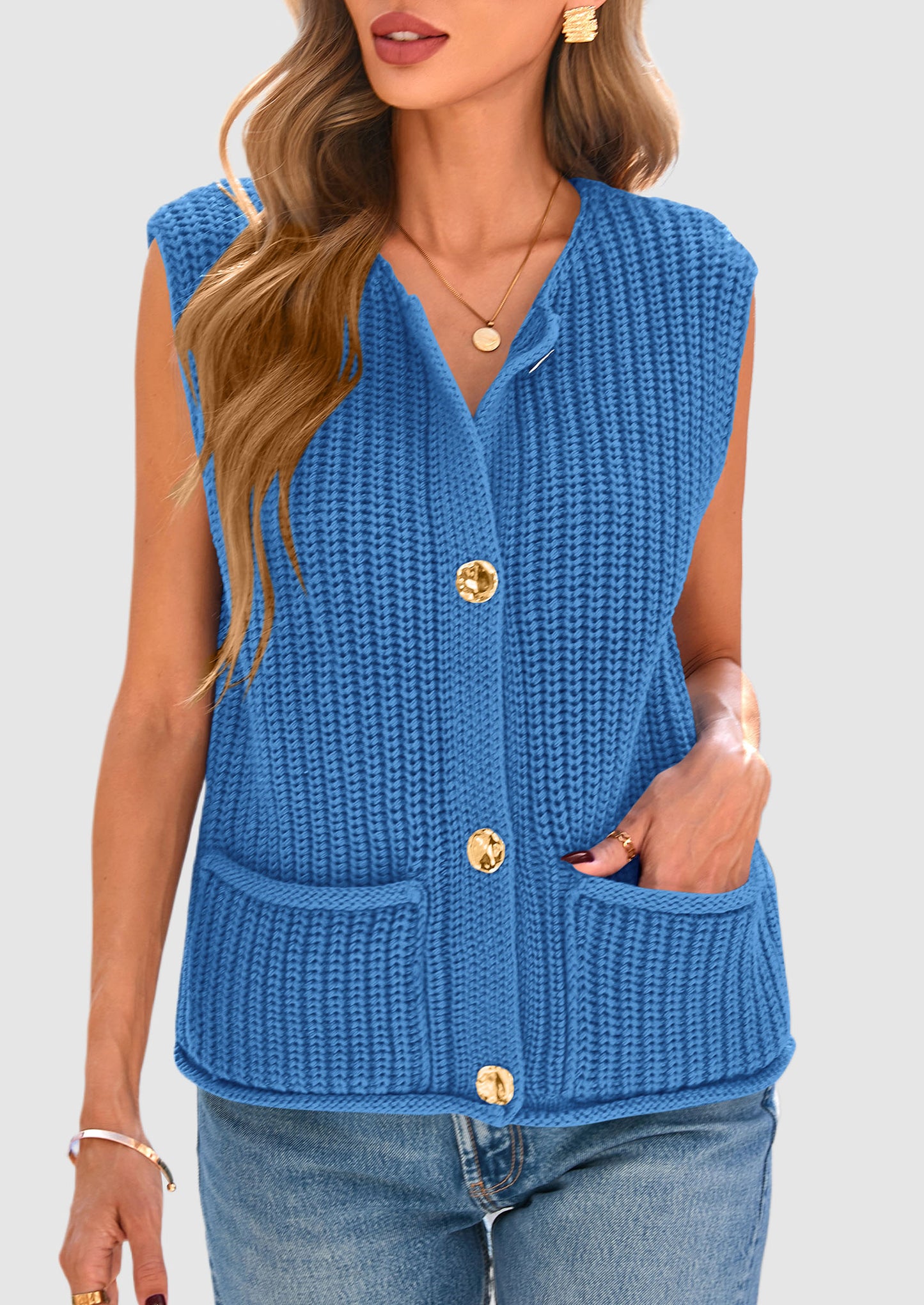 Women's Sweaters Vest 2025 Sleeveless Button Down Cropped Chunky Knit Cardigan Trendy Tank Tops with Pockets